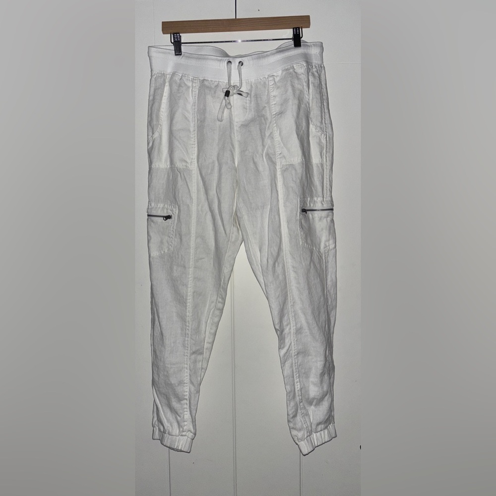 Athleta Linen Jogger Sheer Cargo Pants White Pull-On Beachy Resort NWOT